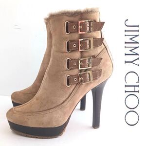 Jimmy Choo Platform Ankle Boots Tan Suede Buckles High Wood Heel EU 39 US 8-8.5